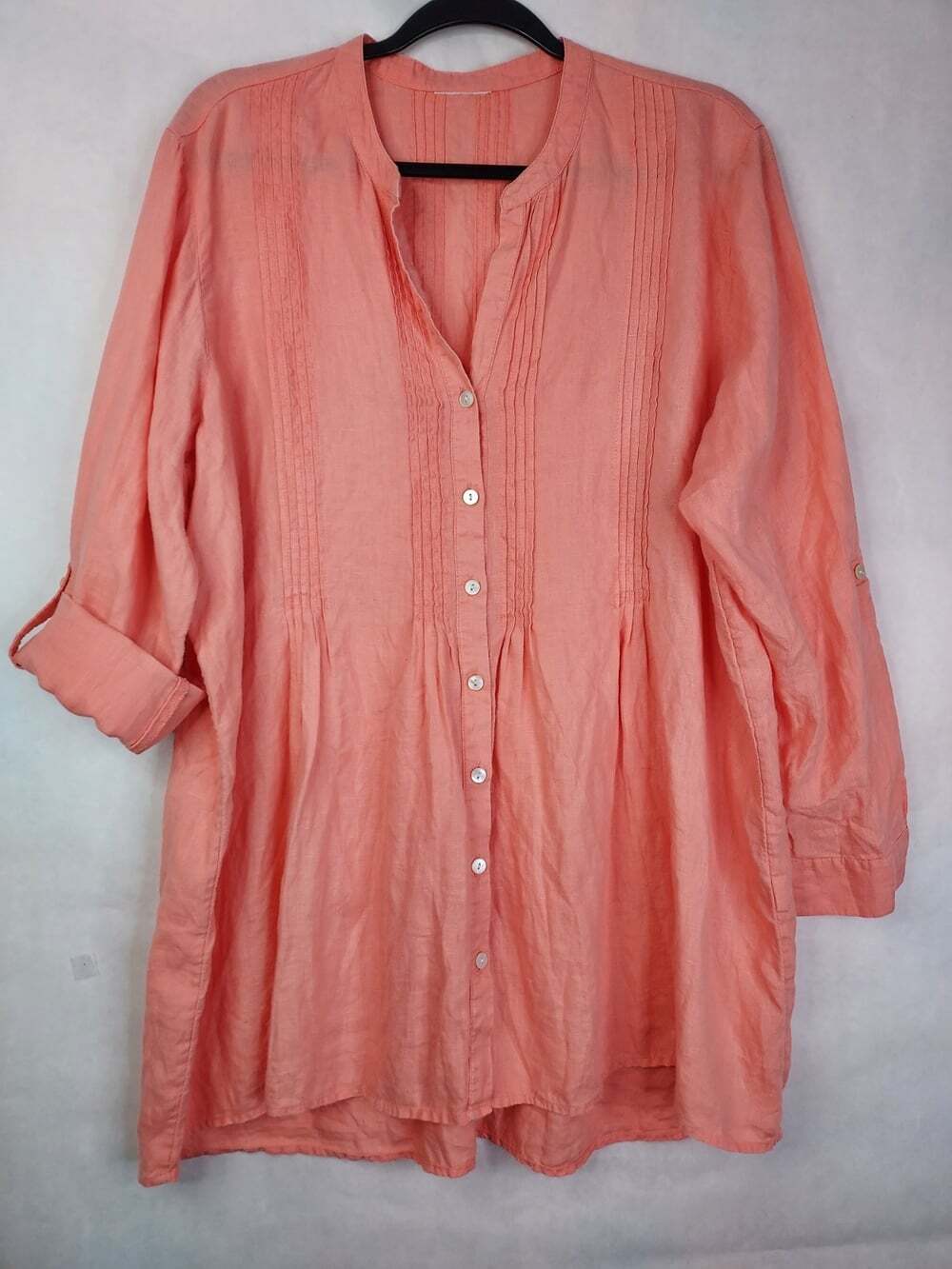 J.Jill Linen Camp Shirt Women's XL Button Up Roll Tab Sleeve Pin Pleats Coastal